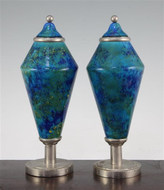 A pair of Paul Milet Sevres Art Deco pottery and chrome electroplate mounted vases and integral covers, c.1930, 25cm.